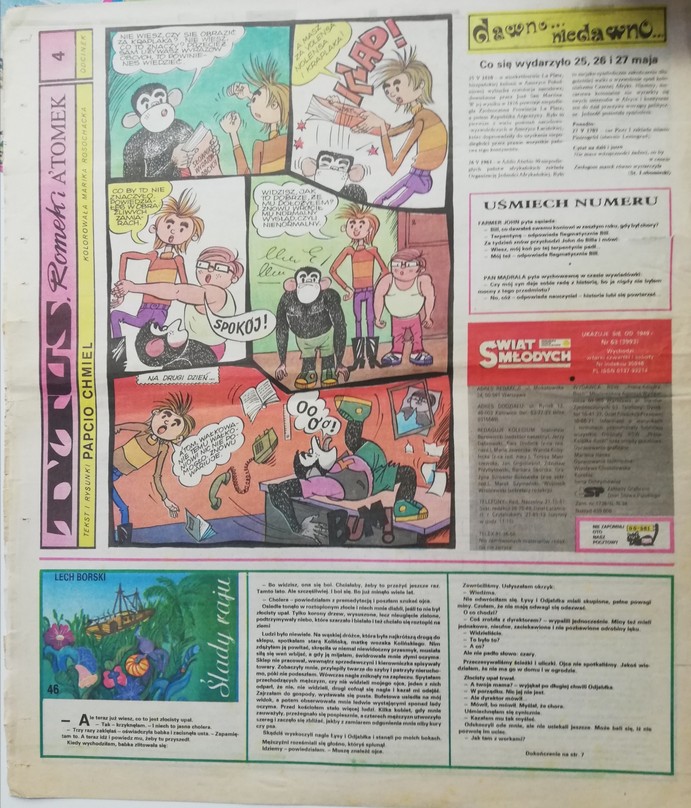 The photograph presents a newspaper with the fourth episode of a comic story by Papcio Chmiel Tytus, Romek i Atomek. The story is about an argument between Romek and Tytus. Romek hits Tytus on the head with a book and Atomek tries to prevent them from fighting. 