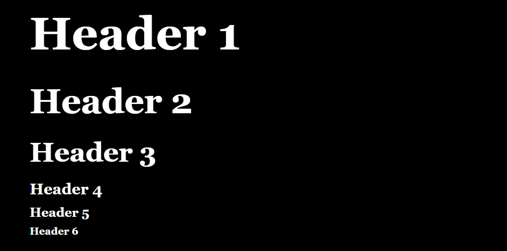 Largest text: Heading 1. Heading 2. Heading 3. Heading 4. Heading 5. Smallest text: Heading 6. The text is white and the background is black.