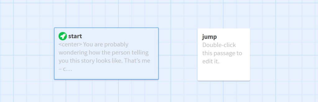 Twine - View from the editor. First card - start: <center>
You are probably wondering what the person who wrote this story looks like.
This is me - caught in the creative process. Second card: jump - contains the picture. The cards are not connected with each other with an arrow.