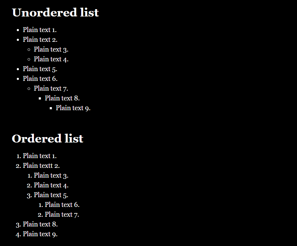 The graphic shows two lists - one unordered (based on bullets) and the other ordered (based on numbers).