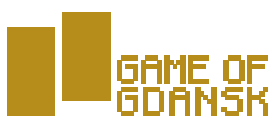 The logo represents two golden rectangles placed next to each other on a white background. On the right side there is a golden inscription: "Game of Gdansk". The inscription is made of small, interconnected squares.